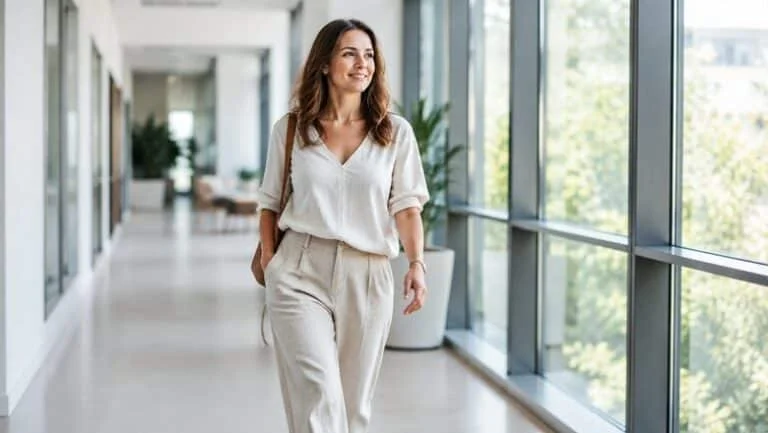 Woman walking comfortably along a hallway, illustrating the reduced thigh chafing that a horizontal or vertical thigh lift can bring
