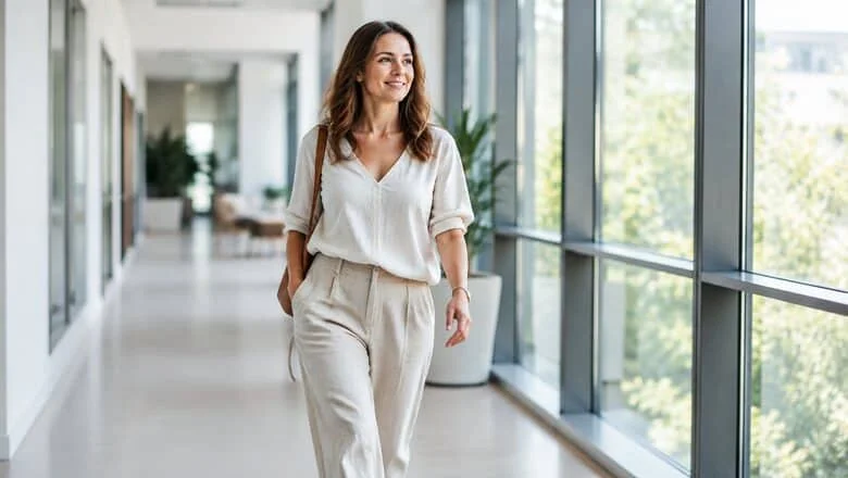 Woman walking comfortably along a hallway, illustrating the reduced thigh chafing that a horizontal or vertical thigh lift can bring