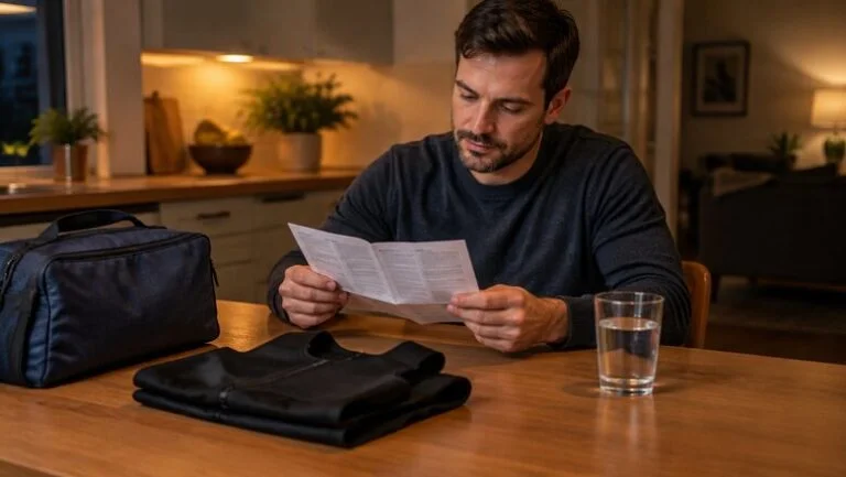 Man reading pre-operative instructions at home with an overnight bag and a compression vest before gynecomastia surgery