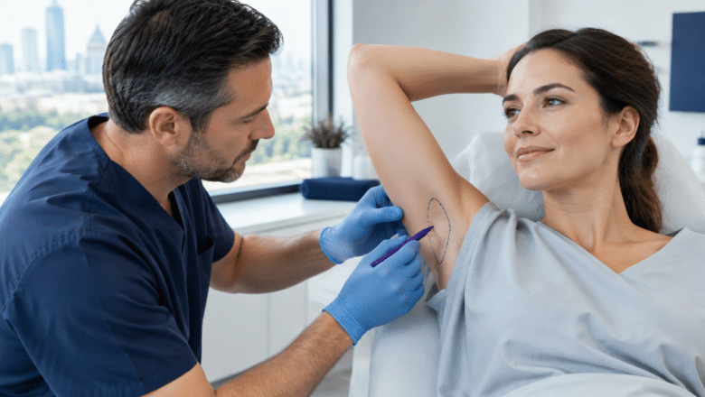 Consultant plastic surgeon marking the underarm sweat zone before suction curettage hyperhidrosis treatment in London