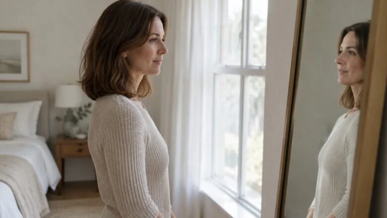 Woman in her early forties in a ribbed knit top looking at her reflection in a bedroom mirror, considering the best age for a breast lift