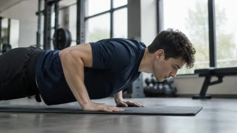 Man doing push-ups in a gym, a common way men try to get rid of gynecomastia