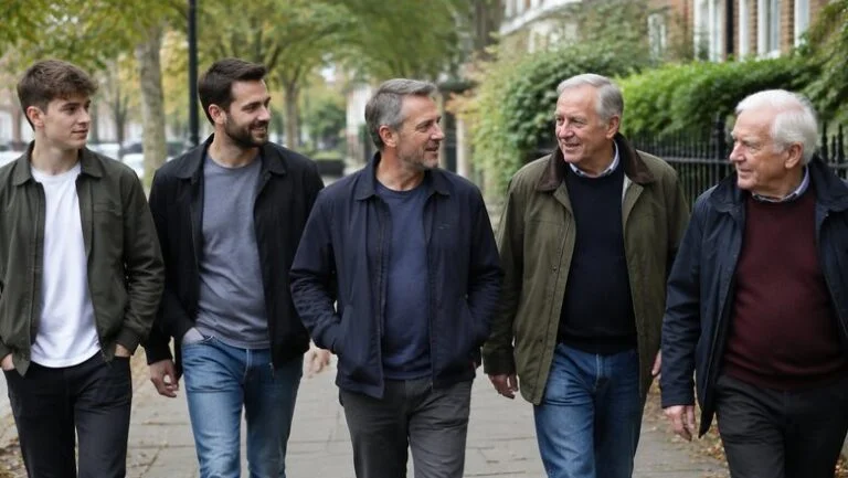 Men of different ages walking together on a London street, as gynecomastia affects men at every stage of life