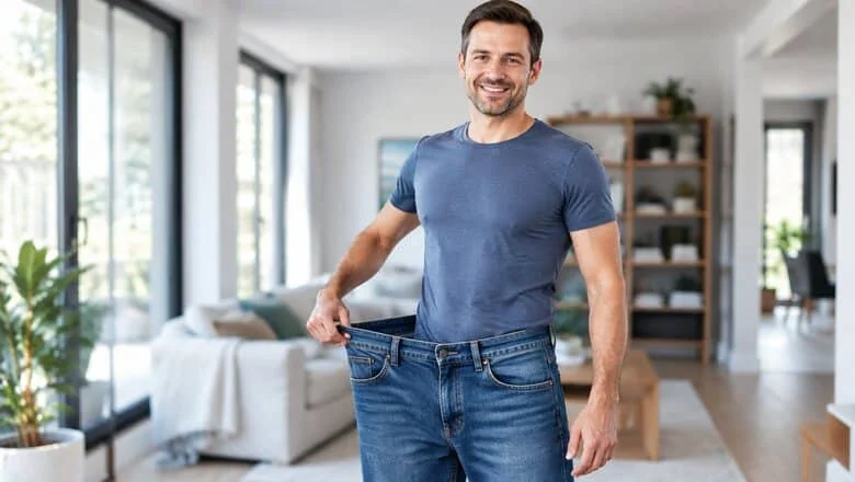 Man holding out the waistband of jeans that are now too big after major weight loss, a common point at which loose skin becomes noticeable