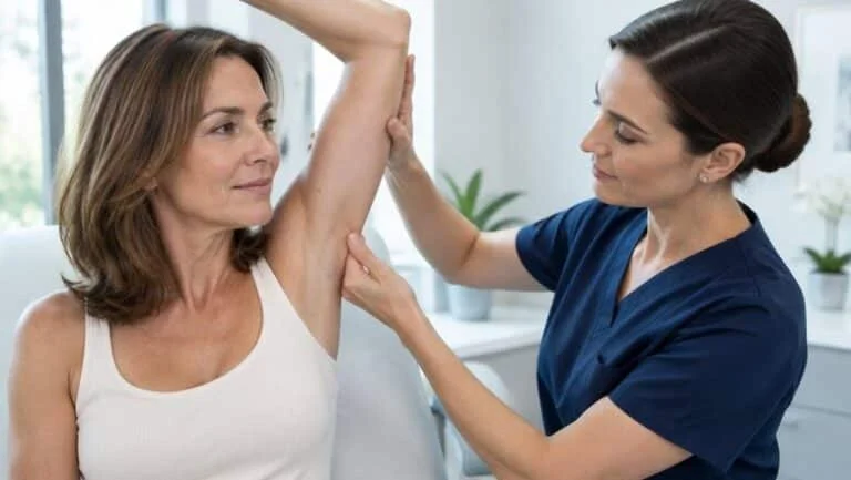 Plastic surgeon assessing loose skin near the armpit before a mini arm lift at Centre for Surgery London