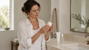 Woman in a linen shirt reading the label on a jar of firming cream at a bathroom vanity, weighing up non-surgical breast lift options