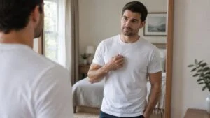 Man in a fitted white T-shirt checking his chest in a bedroom mirror, concerned about protruding nipples