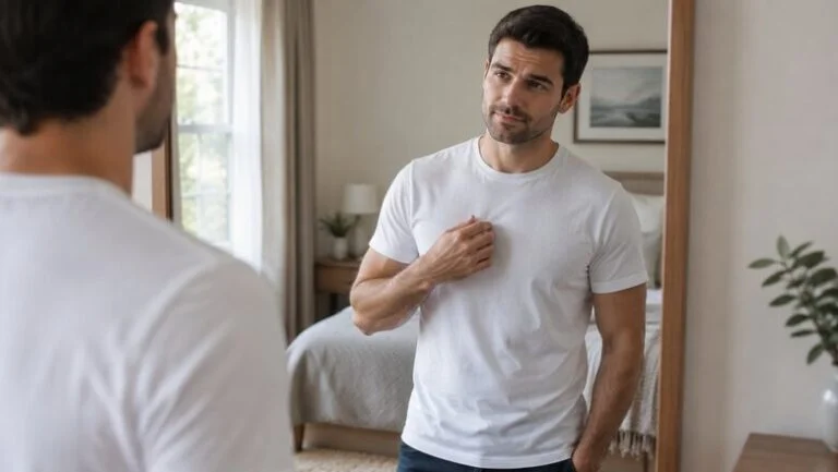 Man in a fitted white T-shirt checking his chest in a bedroom mirror, concerned about protruding nipples