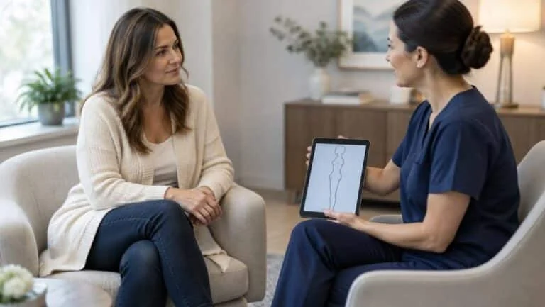 Plastic surgeon discussing saggy buttocks treatment options with a patient during a consultation at Centre for Surgery London