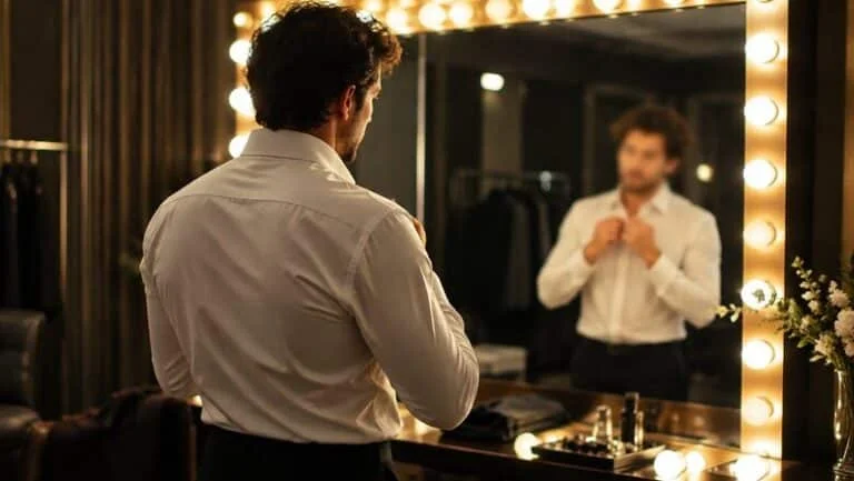 Male actor adjusting a fitted white shirt in a dressing-room mirror