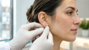 Clinician gently examining a woman's earlobe for a cyst during a consultation at Centre for Surgery London