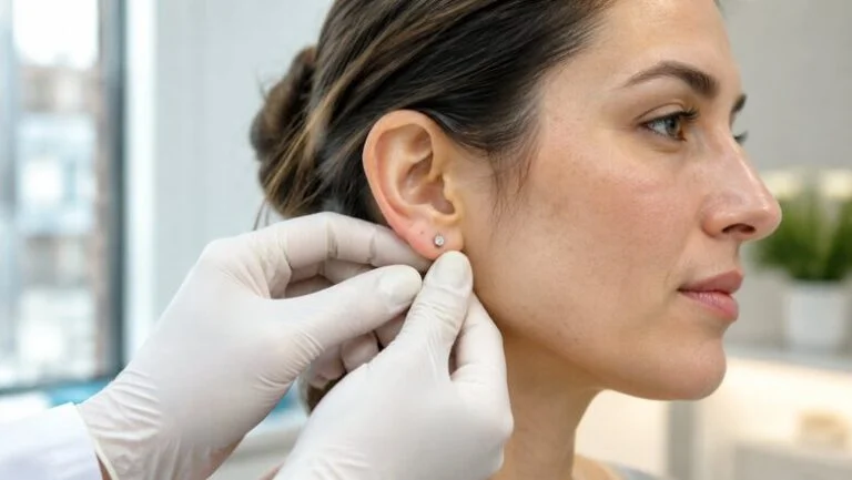 Clinician gently examining a woman's earlobe for a cyst during a consultation at Centre for Surgery London