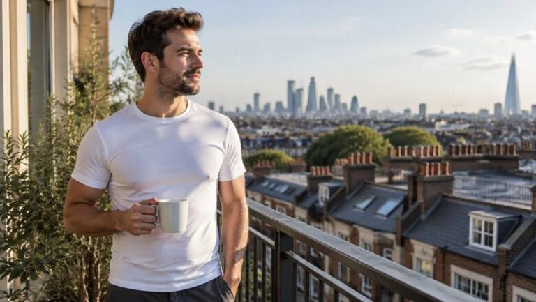 Man in a fitted white t-shirt on a London balcony with a flat chest months after gynecomastia surgery, illustrating whether gyno can come back