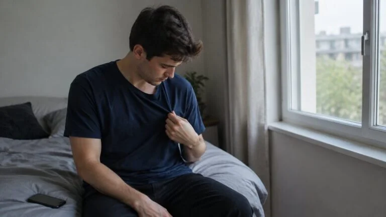 Young man sitting on his bed pulling his t-shirt away from his chest, wondering whether his gynecomastia will go away on its own