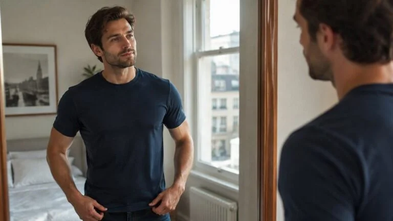 Man in a fitted navy t-shirt checking his flatter chest in a mirror, weighing up whether gynecomastia surgery is worth it