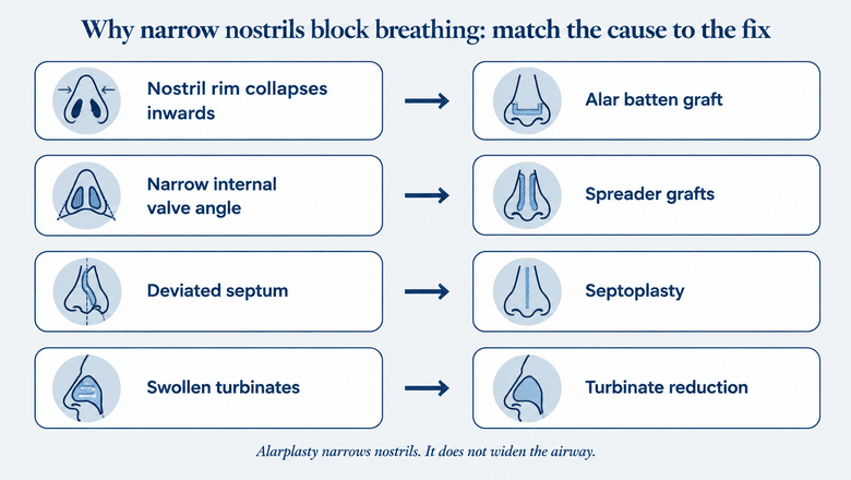 Diagram matching the causes of narrow nostrils and blocked nasal breathing to treatments: nostril rim collapse to alar batten graft, narrow internal valve to spreader grafts, deviated septum to septoplasty, swollen turbinates to turbinate reduction