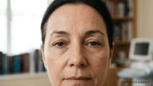 Woman in her fifties with heavy droopy upper eyelids resting low over the lashes