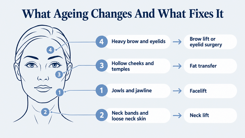 Diagram matching facial ageing changes to treatments: jowls to facelift, neck bands to neck lift, hollow cheeks to fat transfer, heavy brow and eyelids to brow lift or eyelid surgery