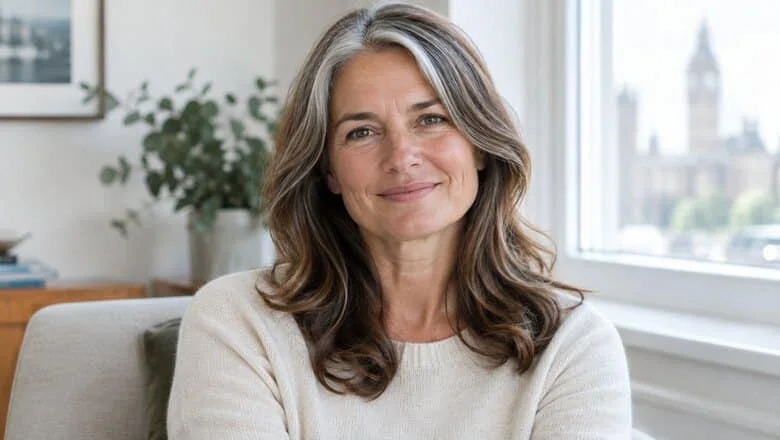 Woman in her fifties with a natural, rested jawline smiling by a window, an example of a natural looking facelift result