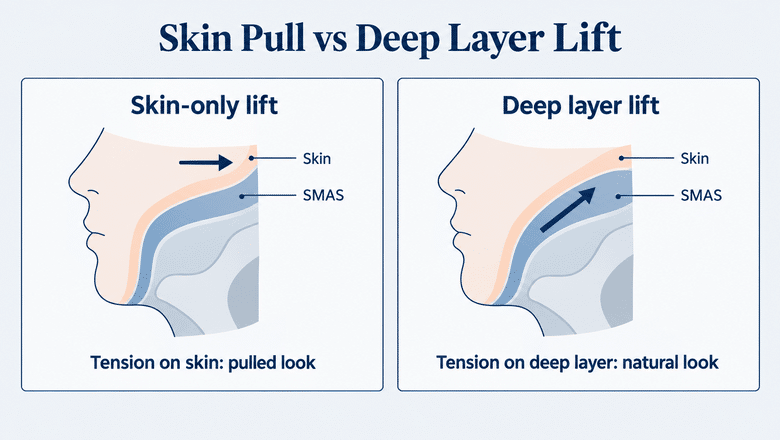Diagram comparing a skin-only facelift pulled sideways, giving a pulled look, with a deep layer SMAS lift directed upward for a natural looking facelift