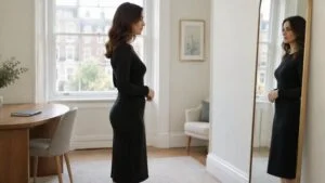 Woman in a fitted black dress looking at her waist and hip silhouette in a mirror in a London clinic consultation room