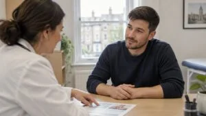 Trans man talking with a doctor about breast cancer risk and chest awareness after top surgery in a London clinic consultation room