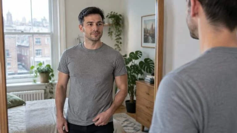 Trans man in a grey t-shirt looking at his flat chest in a bedroom mirror at home in London, months after top surgery