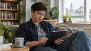 Young trans man at home in London reading about how to bind his chest safely before top surgery