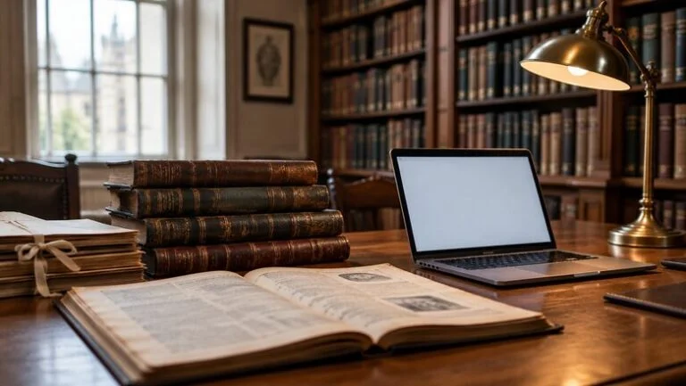 Old medical journals and archive folders beside a modern laptop on a library desk, representing the history of transgender healthcare in the UK