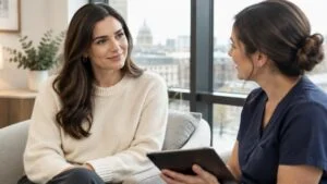 Trans woman discussing MTF breast augmentation without hormone therapy with a surgeon during a consultation in London