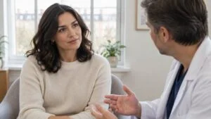 Trans woman discussing nipple sensitivity after MTF top surgery with a plastic surgeon during a consultation in London
