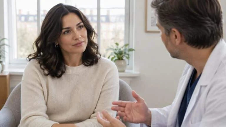 Trans woman discussing nipple sensitivity after MTF top surgery with a plastic surgeon during a consultation in London
