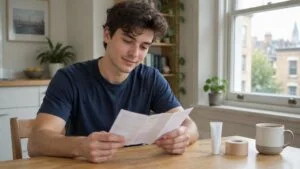 Trans man reading top surgery scar care advice at home with silicone gel and surgical tape on the table