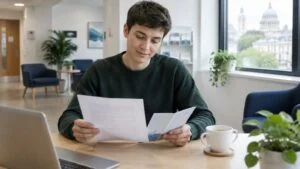 Trans man reading a letter and information leaflet about top surgery in a London clinic waiting area