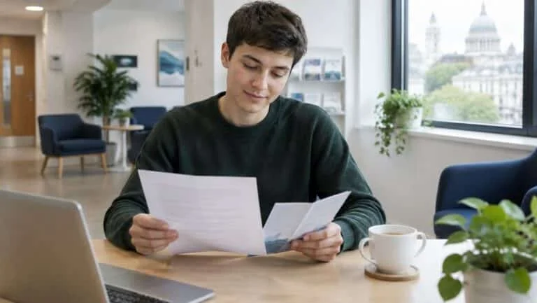 Trans man reading a letter and information leaflet about top surgery in a London clinic waiting area