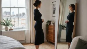 Woman in a fitted black dress checking her shape side-on in a mirror at home in London months after BBL surgery