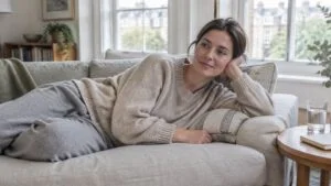 Woman resting on her side on a sofa at home in London while recovering from BBL surgery, with a glass of water nearby