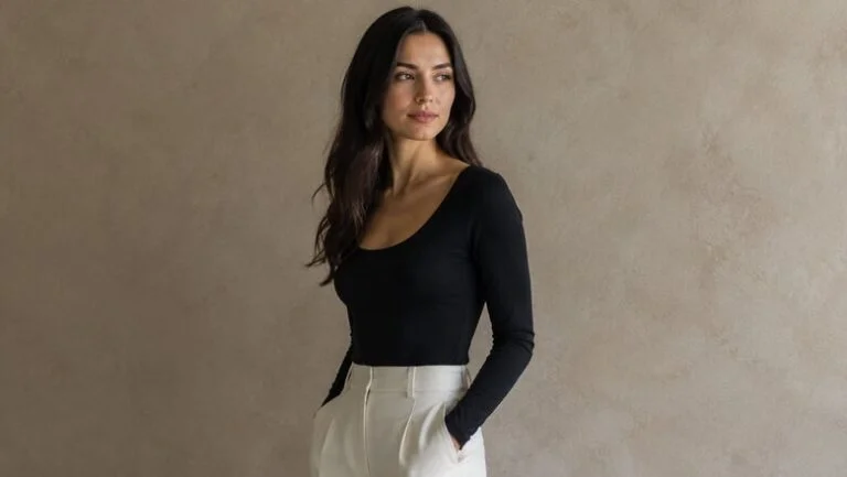 Woman in a black scoop-neck bodysuit standing in profile, showing a natural, proportionate silhouette