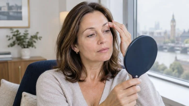 Woman in her late forties with hooded upper eyelids looking in a hand mirror, weighing non-surgical blepharoplasty against eyelid surgery in London