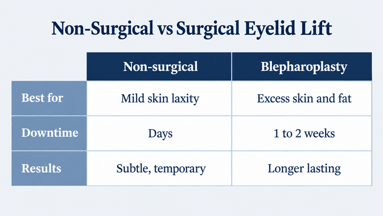 Comparison diagram of non-surgical blepharoplasty versus eyelid surgery (blepharoplasty): suitability, downtime and how long results last