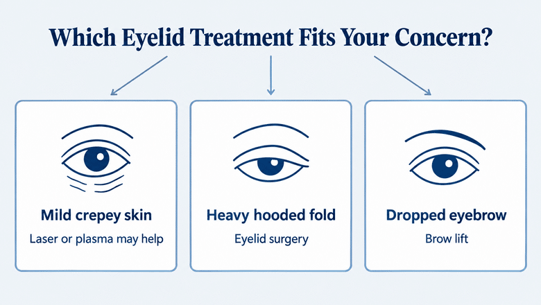 Diagram matching eyelid concerns to treatments: mild crepey skin to non-surgical laser or plasma, heavy hooded fold to eyelid surgery, dropped eyebrow to brow lift