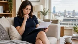 Woman at home in London reading notes while weighing up the pros and cons of a BBL