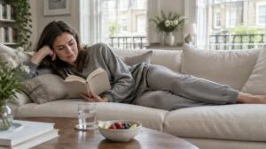 Woman recovering at home in London after a BBL, lying on her side on a sofa with cushions and reading a book