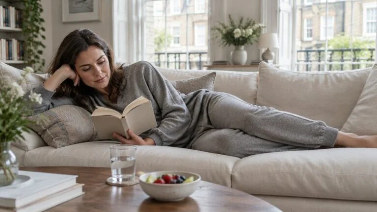 Woman recovering at home in London after a BBL, lying on her side on a sofa with cushions and reading a book