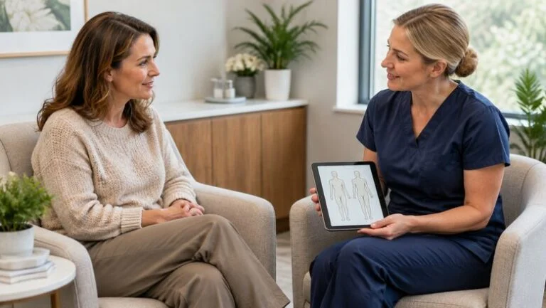 Plastic surgeon talking through body lift options with a patient during a consultation at Centre for Surgery London