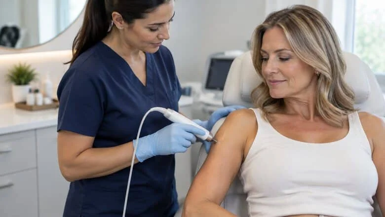Clinician holding a radiofrequency handpiece against a patient's upper arm, illustrating BodyTite skin tightening for loose arm skin