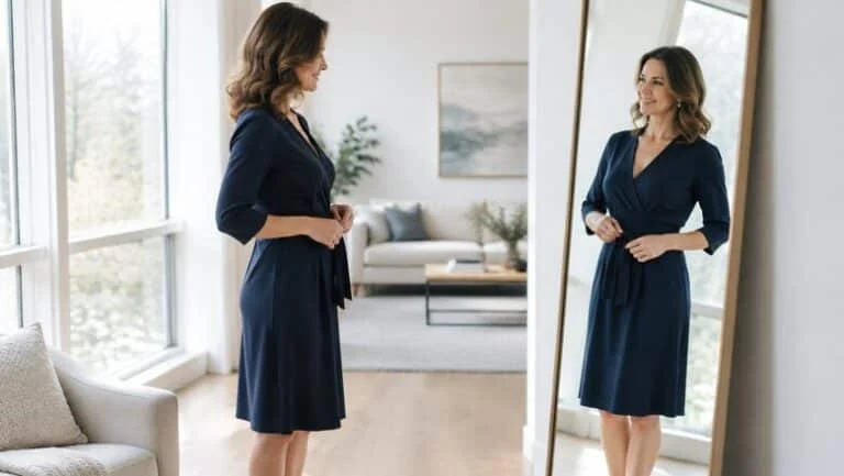 Woman in a navy dress looking at her silhouette in a mirror, illustrating buttock reshaping after major weight loss