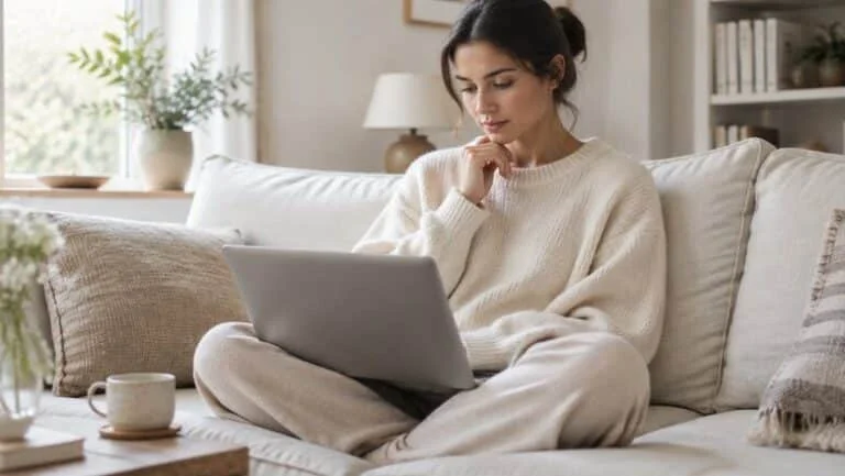 Woman in a cream jumper reading about flat nipples on a laptop at home
