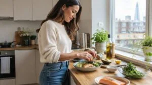 Woman in jeans and a knitted jumper preparing a healthy salmon salad in her London kitchen, keeping her weight stable after a BBL