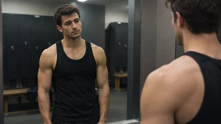 Muscular man in a gym vest looking at his chest in a changing-room mirror